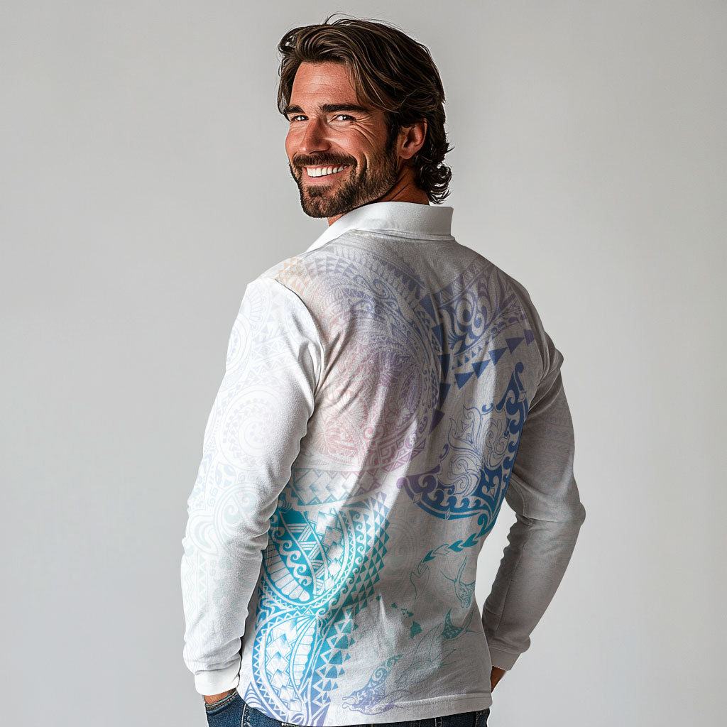 Hawaiian Manta Ray Tribal Long Sleeve Polo Shirt Polynesian Art Motifs Sweet Pastel