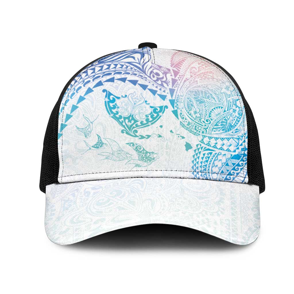 Hawaiian Manta Ray Tribal Mesh Trucker Cap Polynesian Art Motifs Sweet Pastel