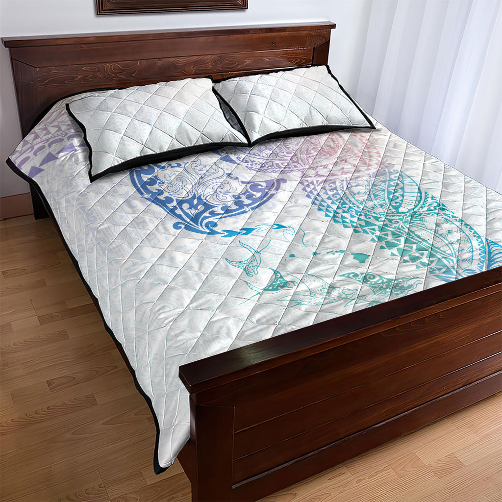 Hawaiian Manta Ray Tribal Quilt Bed Set Polynesian Art Motifs Sweet Pastel