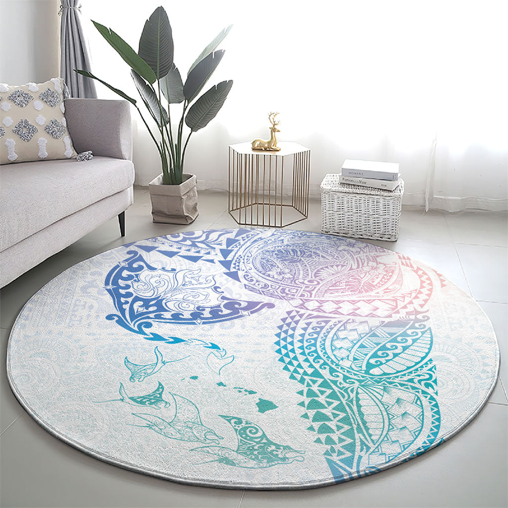 Hawaiian Manta Ray Tribal Round Carpet Polynesian Art Motifs Sweet Pastel