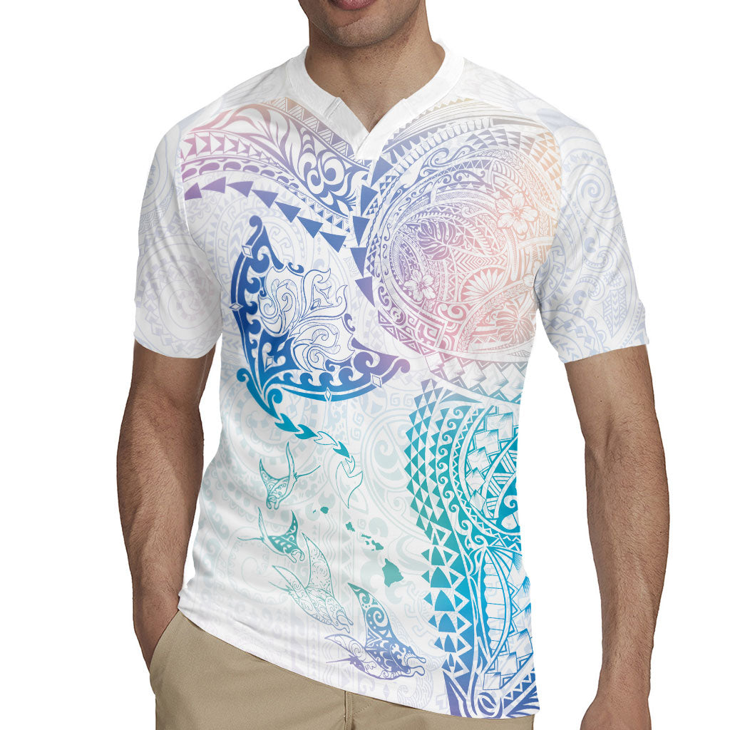Hawaiian Manta Ray Tribal Rugby Jersey Polynesian Art Motifs Sweet Pastel