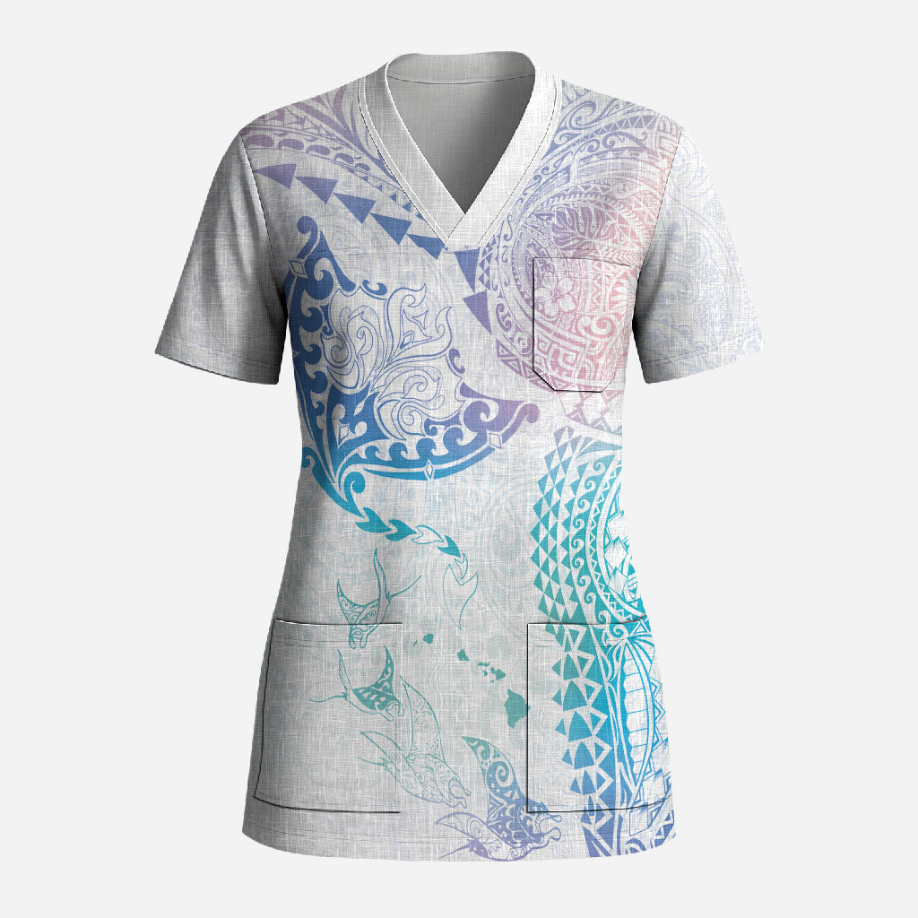 Hawaiian Manta Ray Tribal Scrub Top Polynesian Art Motifs Sweet Pastel LT03 Adult Multicolor - Polynesian Pride