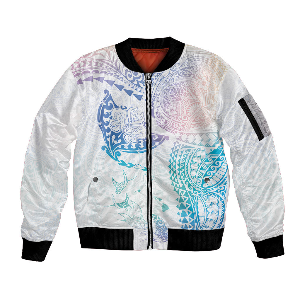 Hawaiian Manta Ray Tribal Sleeve Zip Bomber Jacket Polynesian Art Motifs Sweet Pastel