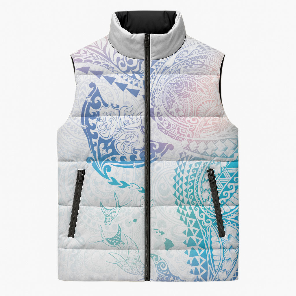 Hawaiian Manta Ray Tribal Sleeveless Puffer Jacket Polynesian Art Motifs Sweet Pastel LT03 Unisex Multicolor - Polynesian Pride