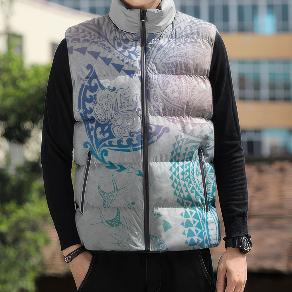 Hawaiian Manta Ray Tribal Sleeveless Puffer Jacket Polynesian Art Motifs Sweet Pastel