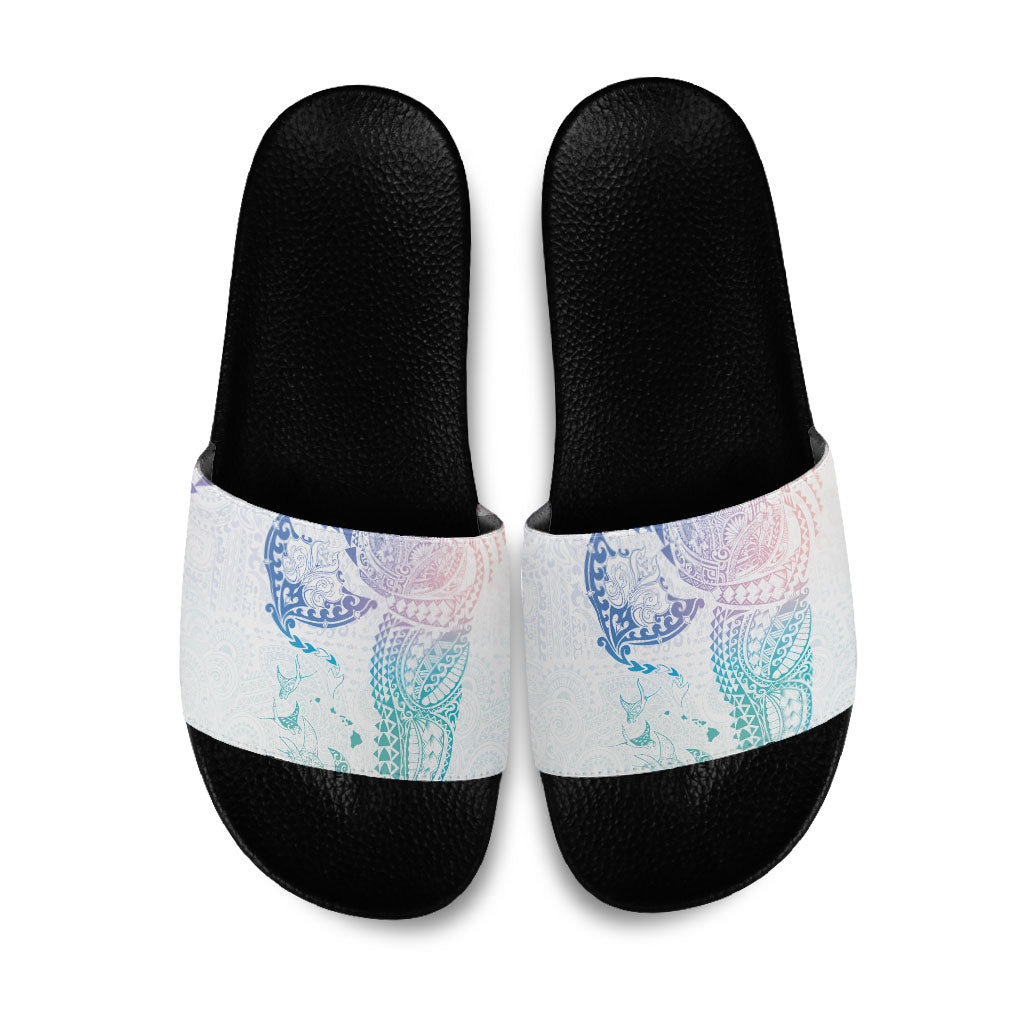 Hawaiian Manta Ray Tribal Slide Sandals Polynesian Art Motifs Sweet Pastel