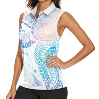 Hawaiian Manta Ray Tribal Women Sleeveless Polo Shirt Polynesian Art Motifs Sweet Pastel