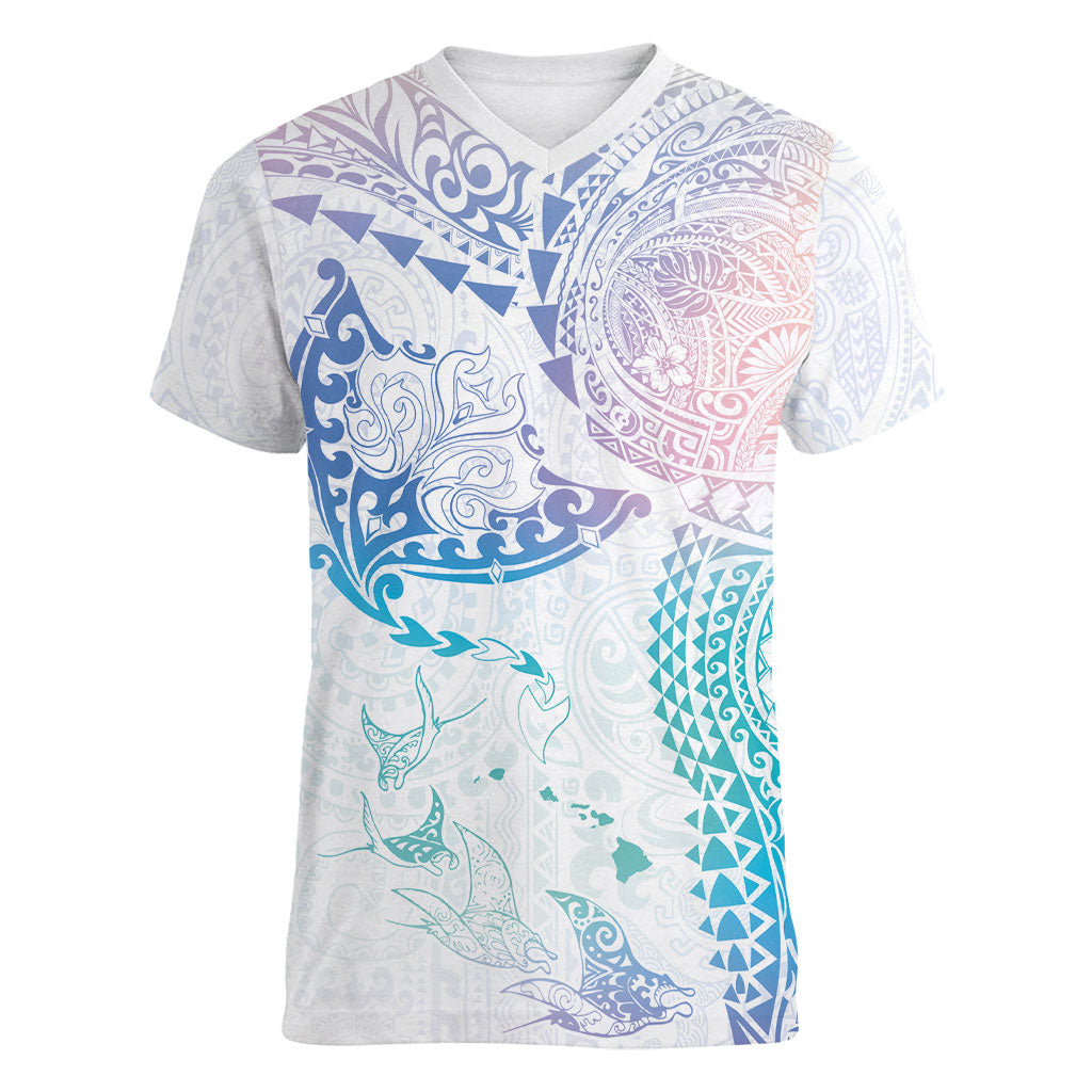 Hawaiian Manta Ray Tribal Women V-Neck T-Shirt Polynesian Art Motifs Sweet Pastel