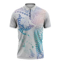 Hawaiian Manta Ray Tribal Zipper Polo Shirt Polynesian Art Motifs Sweet Pastel