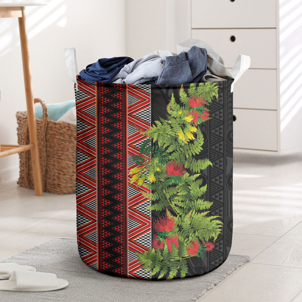 Maori Tukutuku Laundry Basket with Ferns Pohutukawa and Kowhai Tribal Moko Patterns