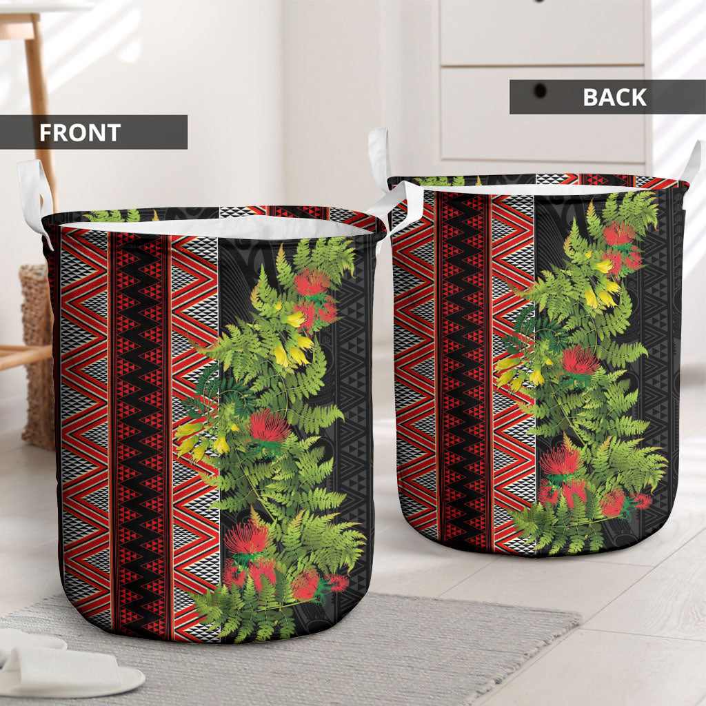 Maori Tukutuku Laundry Basket with Ferns Pohutukawa and Kowhai Tribal Moko Patterns