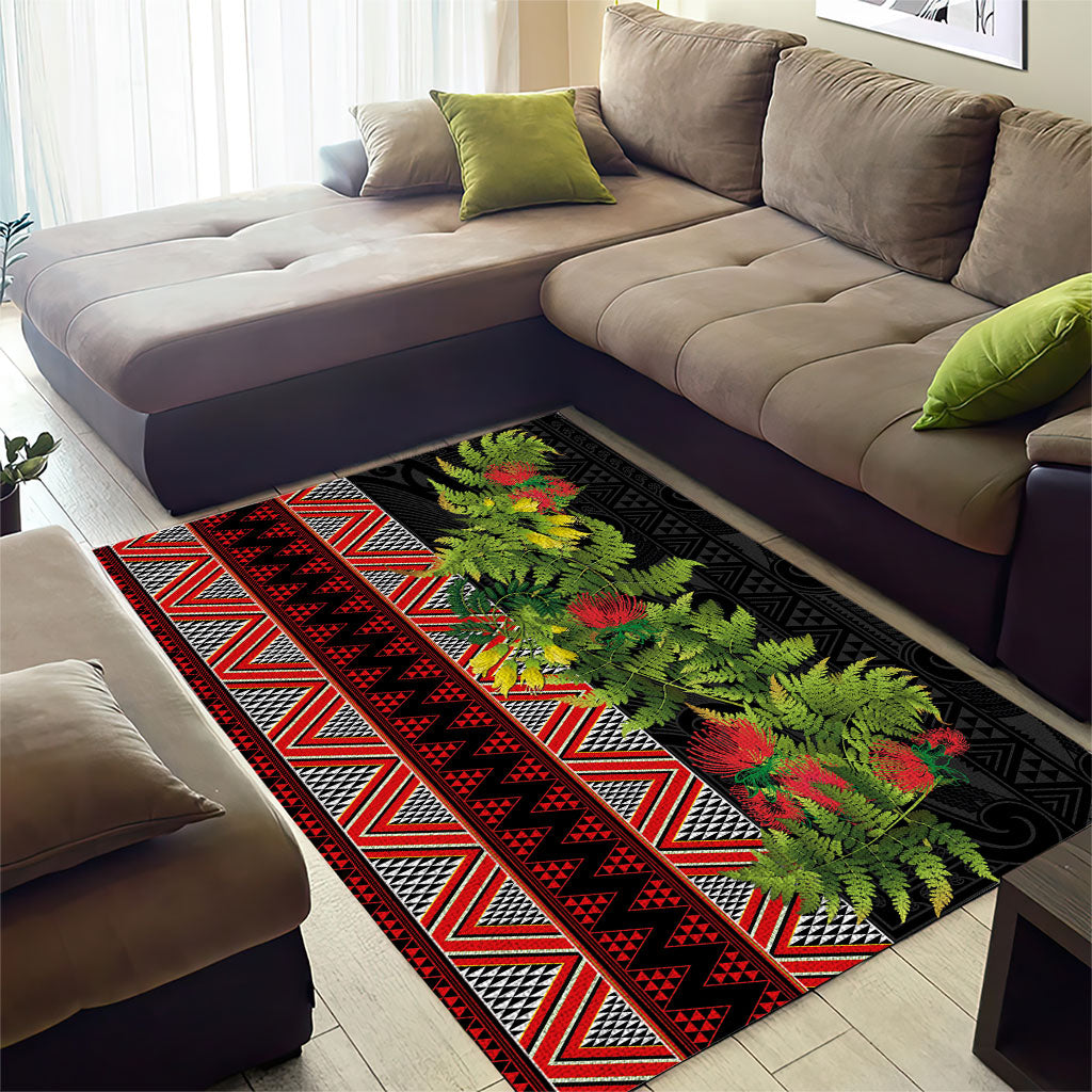 Maori Tukutuku Area Rug with Ferns Pohutukawa and Kowhai Tribal Moko Patterns