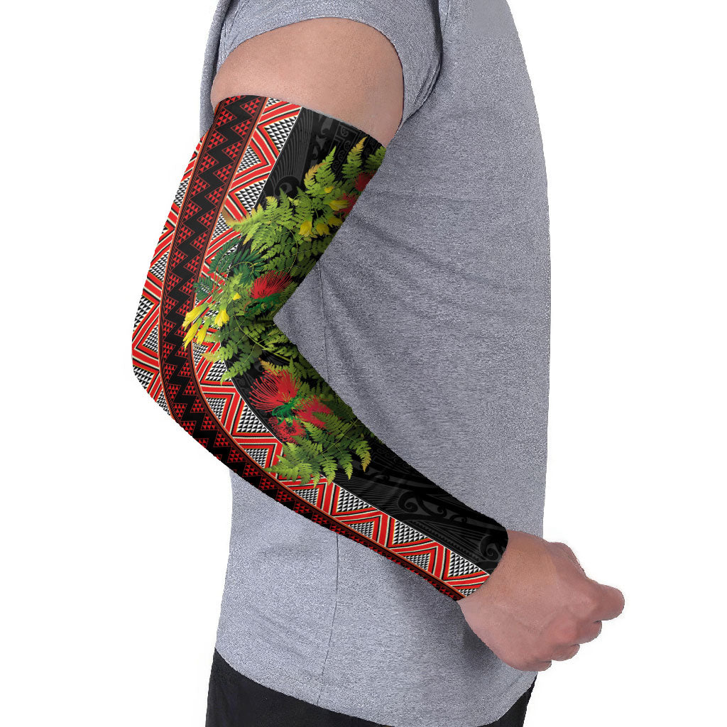 Maori Tukutuku Arm Sleeves with Ferns Pohutukawa and Kowhai Tribal Moko Patterns