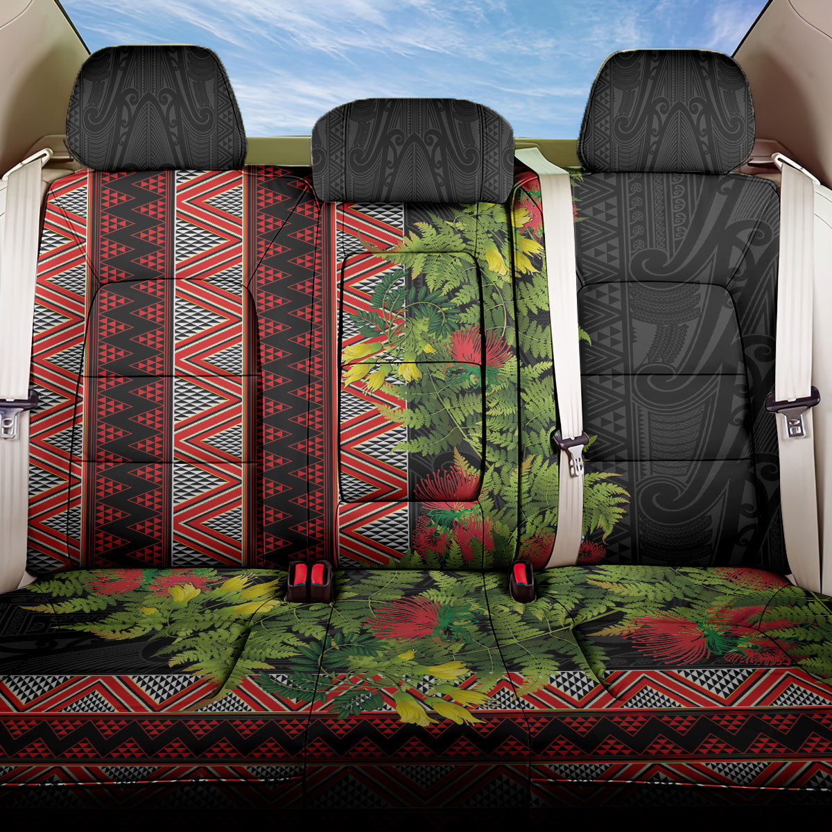 Maori Tukutuku Back Car Seat Cover with Ferns Pohutukawa and Kowhai Tribal Moko Patterns