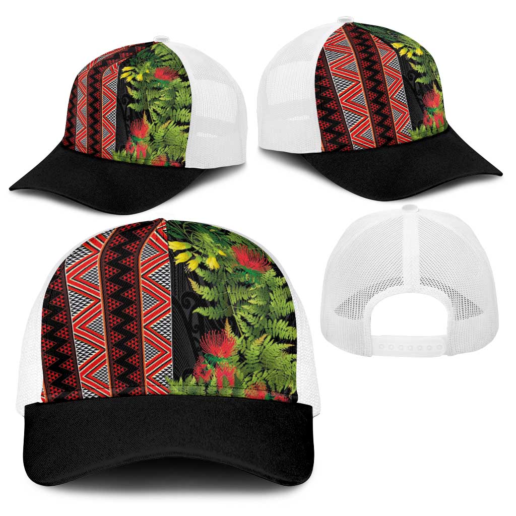 Maori Tukutuku Baseball Net Cap with Ferns Pohutukawa and Kowhai Tribal Moko Patterns
