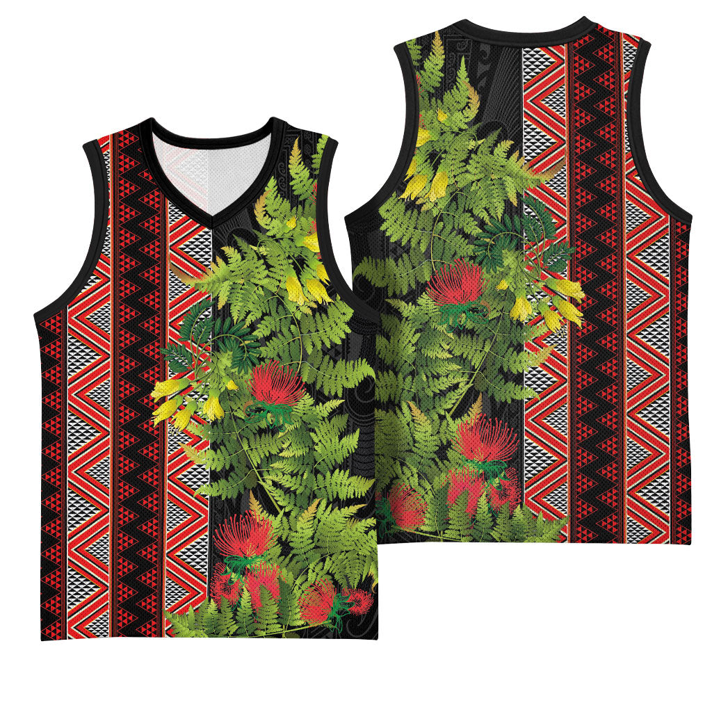 Maori Tukutuku Basketball Jersey with Ferns Pohutukawa and Kowhai Tribal Moko Patterns