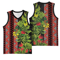 Maori Tukutuku Basketball Jersey with Ferns Pohutukawa and Kowhai Tribal Moko Patterns