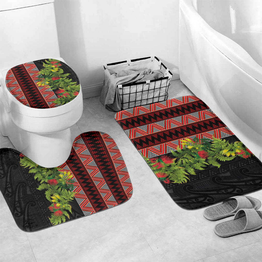Maori Tukutuku Bathroom Set with Ferns Pohutukawa and Kowhai Tribal Moko Patterns