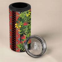 Maori Tukutuku 4 in 1 Can Cooler Tumbler with Ferns Pohutukawa and Kowhai Tribal Moko Patterns