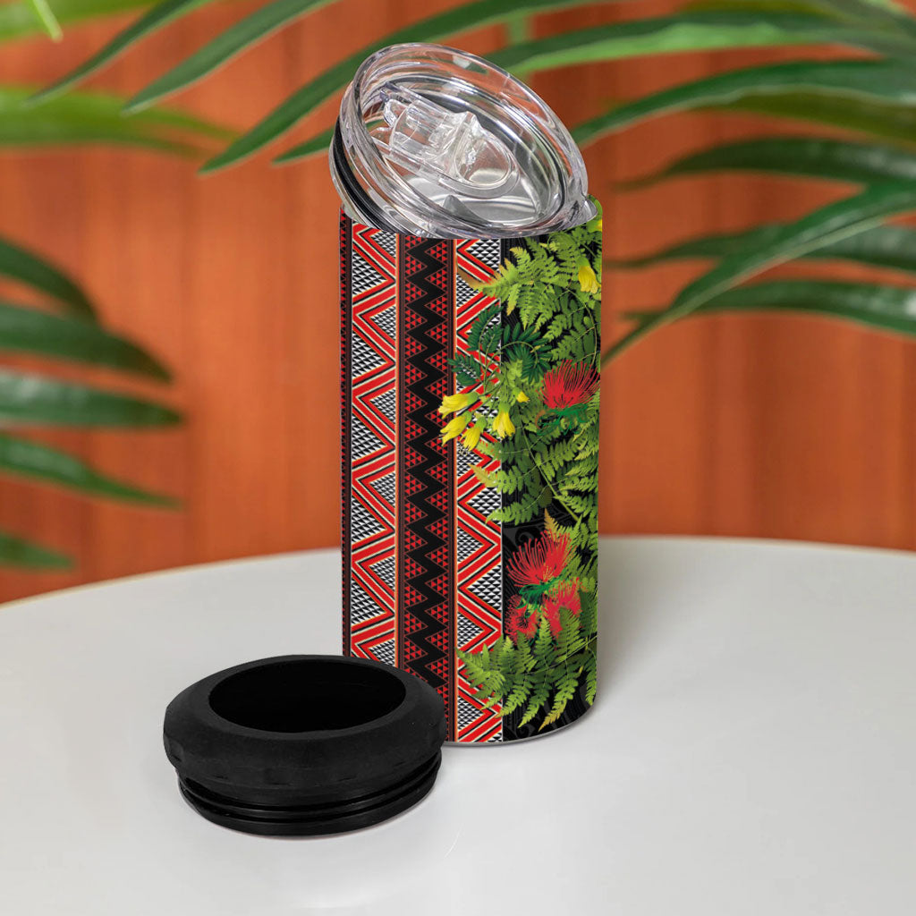 Maori Tukutuku 4 in 1 Can Cooler Tumbler with Ferns Pohutukawa and Kowhai Tribal Moko Patterns