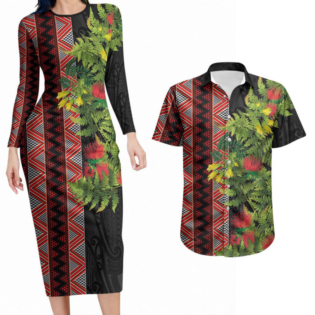 Maori Tukutuku Couples Matching Long Sleeve Bodycon Dress and Hawaiian Shirt with Ferns Pohutukawa and Kowhai Tribal Moko Patterns