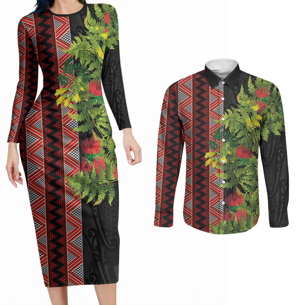 Maori Tukutuku Couples Matching Long Sleeve Bodycon Dress and Long Sleeve Button Shirt with Ferns Pohutukawa and Kowhai Tribal Moko Patterns