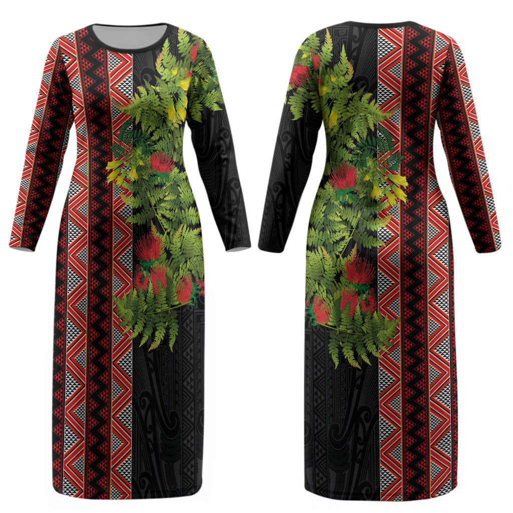 Maori Tukutuku Couples Matching Long Sleeve Bodycon Dress and Long Sleeve Button Shirt with Ferns Pohutukawa and Kowhai Tribal Moko Patterns