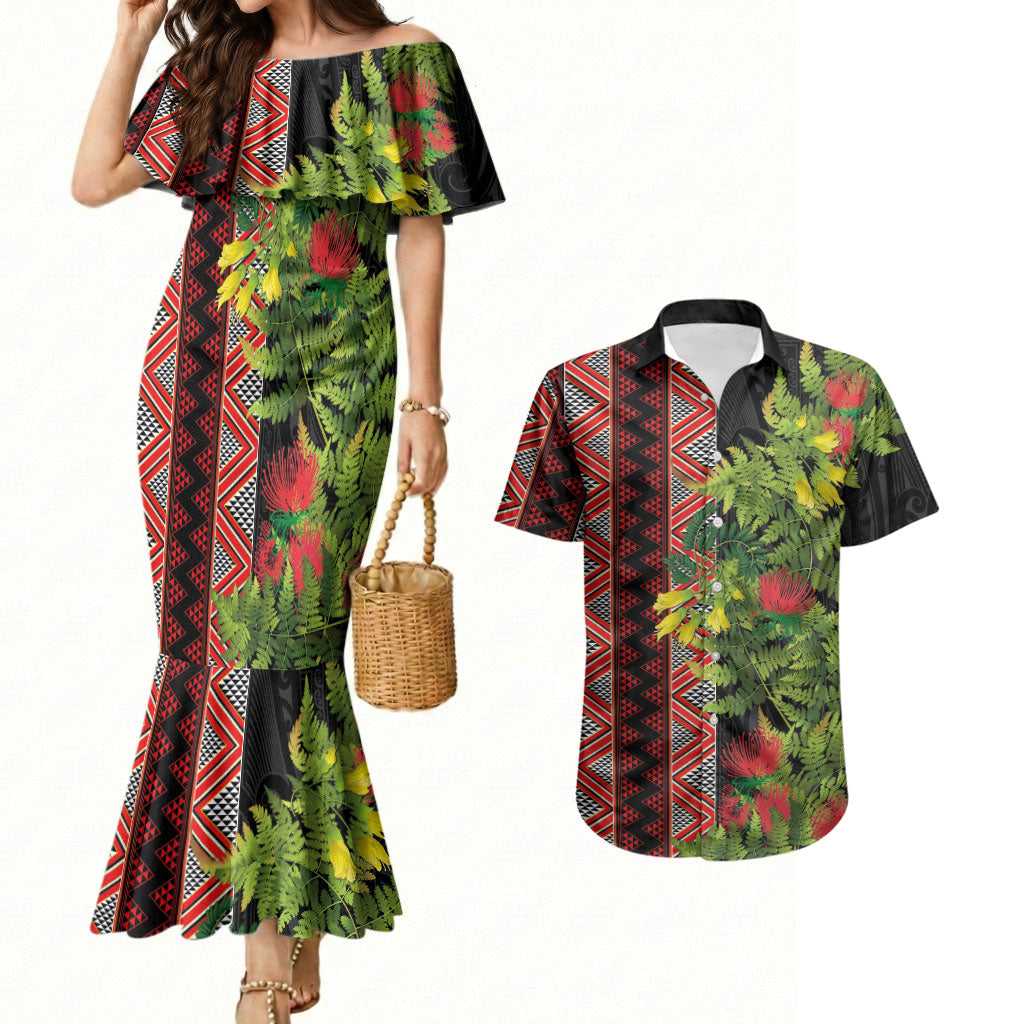 Maori Tukutuku Couples Matching Mermaid Dress and Hawaiian Shirt with Ferns Pohutukawa and Kowhai Tribal Moko Patterns LT03 Multicolor - Polynesian Pride