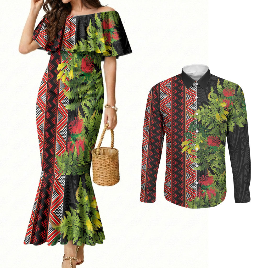 Maori Tukutuku Couples Matching Mermaid Dress and Long Sleeve Button Shirt with Ferns Pohutukawa and Kowhai Tribal Moko Patterns