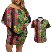 Maori Tukutuku Couples Matching Off Shoulder Short Dress and Hawaiian Shirt with Ferns Pohutukawa and Kowhai Tribal Moko Patterns