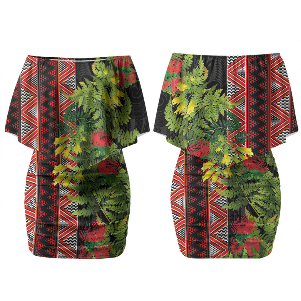 Maori Tukutuku Couples Matching Off Shoulder Short Dress and Hawaiian Shirt with Ferns Pohutukawa and Kowhai Tribal Moko Patterns
