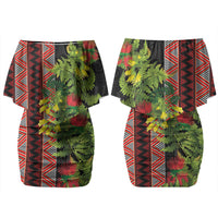 Maori Tukutuku Couples Matching Off Shoulder Short Dress and Hawaiian Shirt with Ferns Pohutukawa and Kowhai Tribal Moko Patterns