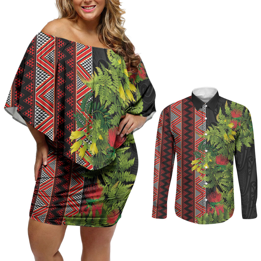 Maori Tukutuku Couples Matching Off Shoulder Short Dress and Long Sleeve Button Shirt with Ferns Pohutukawa and Kowhai Tribal Moko Patterns