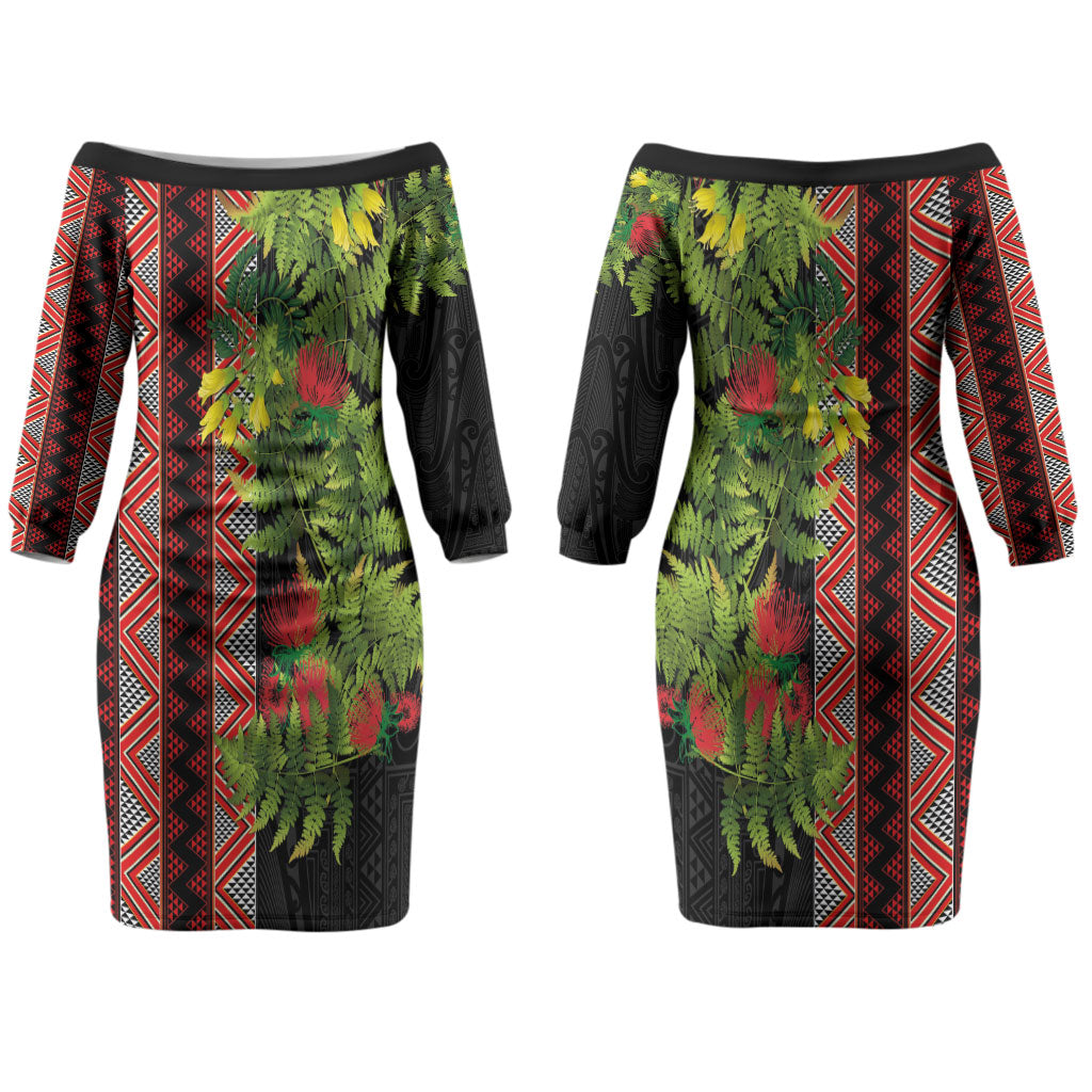 Maori Tukutuku Couples Matching Off The Shoulder Long Sleeve Dress and Long Sleeve Button Shirt with Ferns Pohutukawa and Kowhai Tribal Moko Patterns