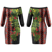 Maori Tukutuku Couples Matching Off The Shoulder Long Sleeve Dress and Long Sleeve Button Shirt with Ferns Pohutukawa and Kowhai Tribal Moko Patterns