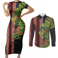 Maori Tukutuku Couples Matching Short Sleeve Bodycon Dress and Long Sleeve Button Shirt with Ferns Pohutukawa and Kowhai Tribal Moko Patterns