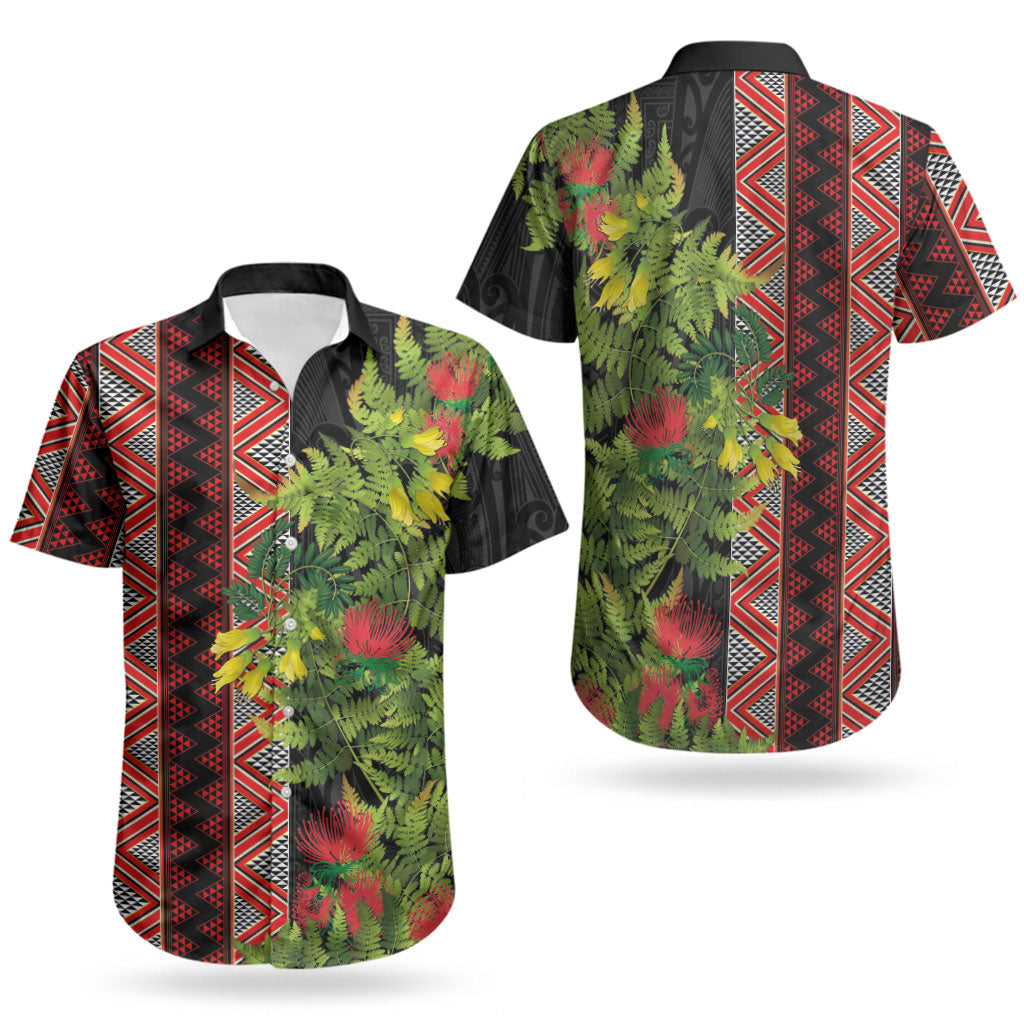 Maori Tukutuku Couples Matching Tank Maxi Dress and Hawaiian Shirt with Ferns Pohutukawa and Kowhai Tribal Moko Patterns