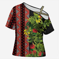 Maori Tukutuku Cross Shoulder Shirt with Ferns Pohutukawa and Kowhai Tribal Moko Patterns