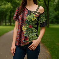 Maori Tukutuku Cross Shoulder Shirt with Ferns Pohutukawa and Kowhai Tribal Moko Patterns