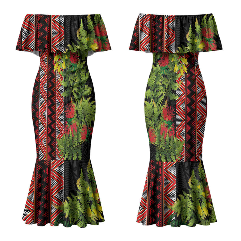 Maori Tukutuku Family Matching Mermaid Dress and Hawaiian Shirt with Ferns Pohutukawa and Kowhai Tribal Moko Patterns