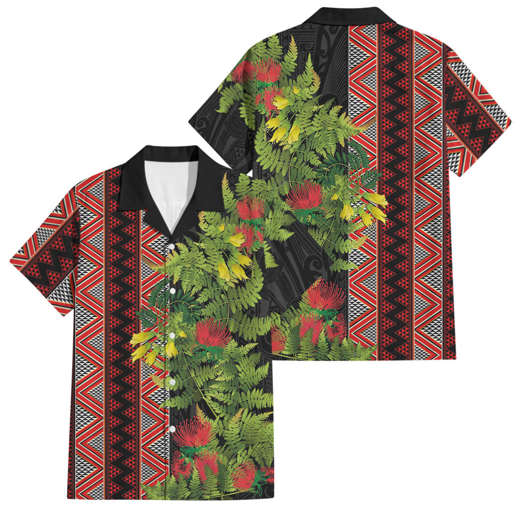 Maori Tukutuku Family Matching Off Shoulder Short Dress and Hawaiian Shirt with Ferns Pohutukawa and Kowhai Tribal Moko Patterns