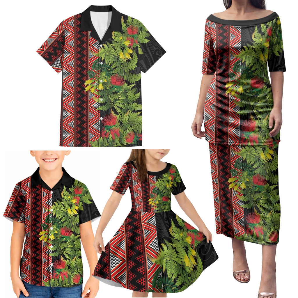 Maori Tukutuku Family Matching Puletasi and Hawaiian Shirt with Ferns Pohutukawa and Kowhai Tribal Moko Patterns