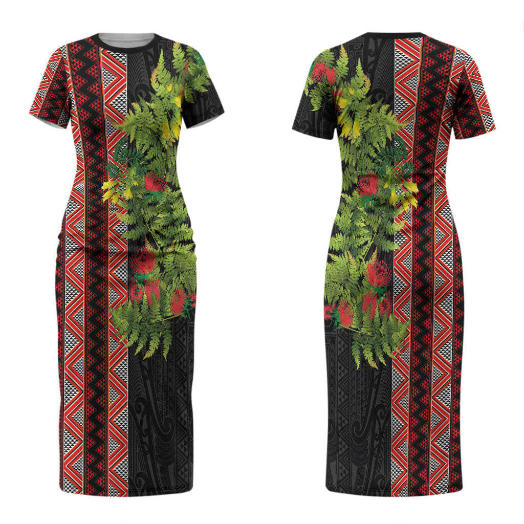 Maori Tukutuku Family Matching Short Sleeve Bodycon Dress and Hawaiian Shirt with Ferns Pohutukawa and Kowhai Tribal Moko Patterns