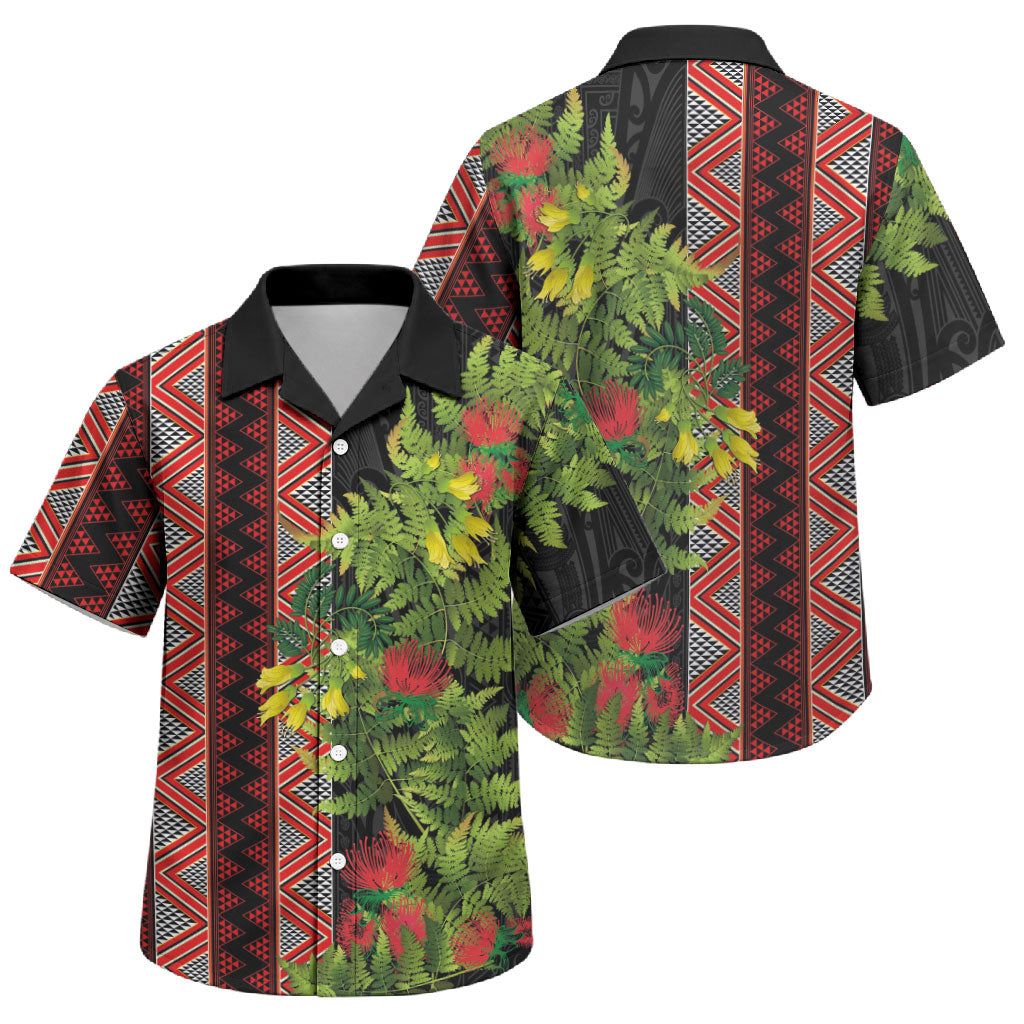Maori Tukutuku Family Matching Short Sleeve Bodycon Dress and Hawaiian Shirt with Ferns Pohutukawa and Kowhai Tribal Moko Patterns