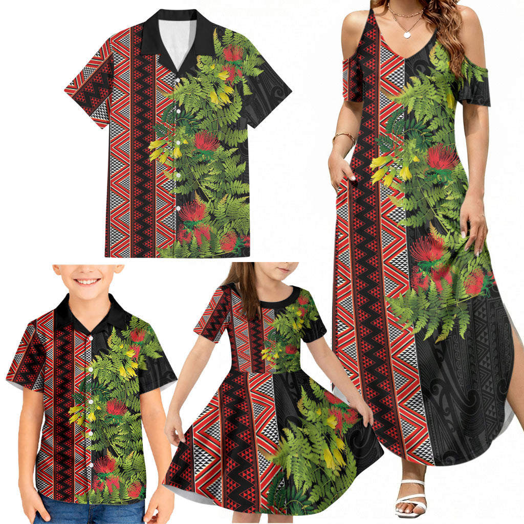 Maori Tukutuku Family Matching Summer Maxi Dress and Hawaiian Shirt with Ferns Pohutukawa and Kowhai Tribal Moko Patterns LT03 - Polynesian Pride