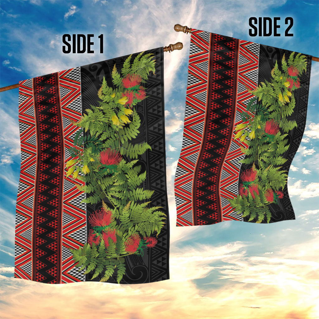 Maori Tukutuku Garden Flag with Ferns Pohutukawa and Kowhai Tribal Moko Patterns