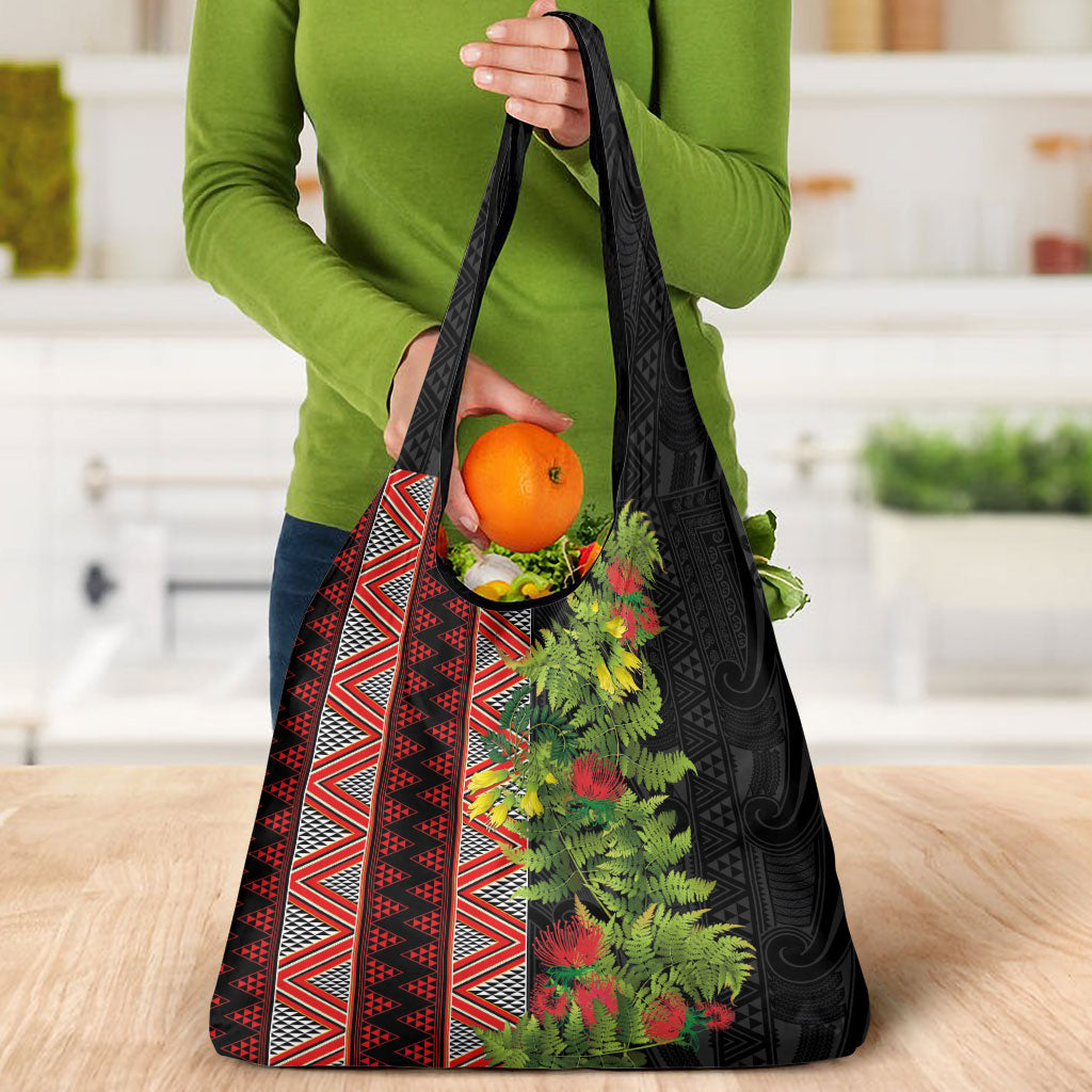 Maori Tukutuku Grocery Bag with Ferns Pohutukawa and Kowhai Tribal Moko Patterns