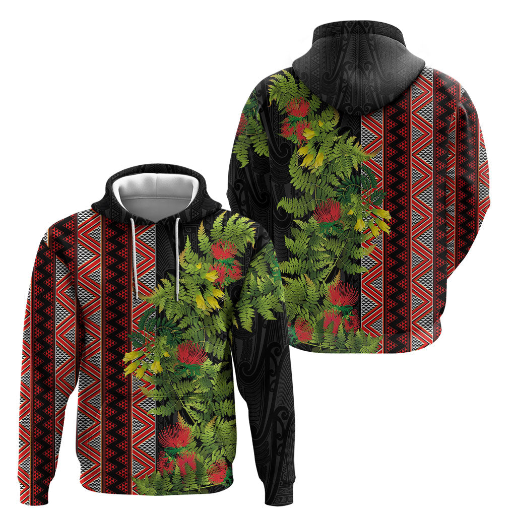 Maori Tukutuku Hoodie with Ferns Pohutukawa and Kowhai Tribal Moko Patterns