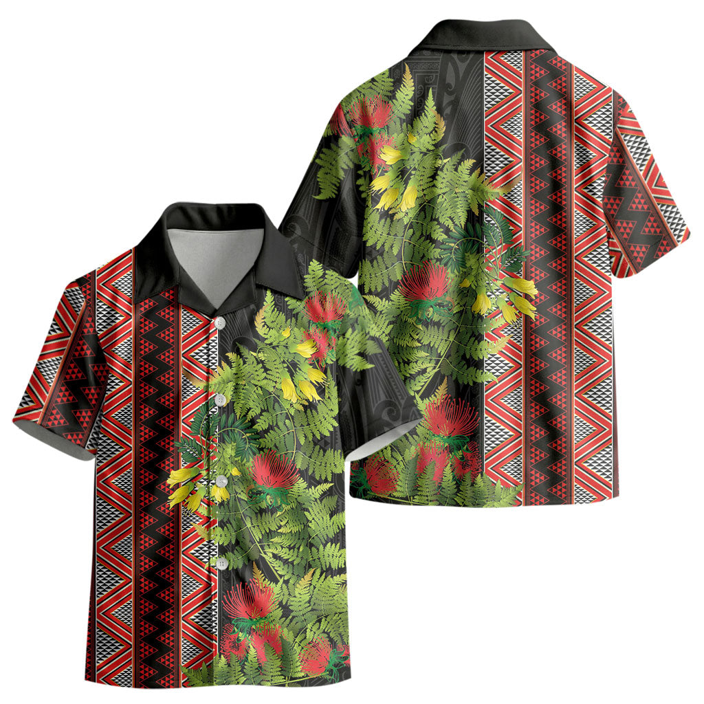Maori Tukutuku Kid Hawaiian Shirt with Ferns Pohutukawa and Kowhai Tribal Moko Patterns