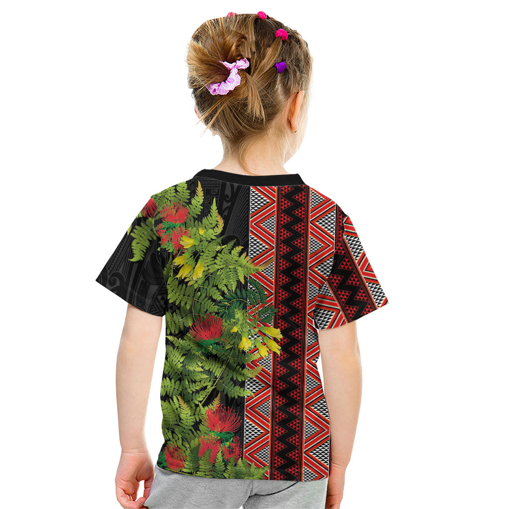Maori Tukutuku Kid T Shirt with Ferns Pohutukawa and Kowhai Tribal Moko Patterns